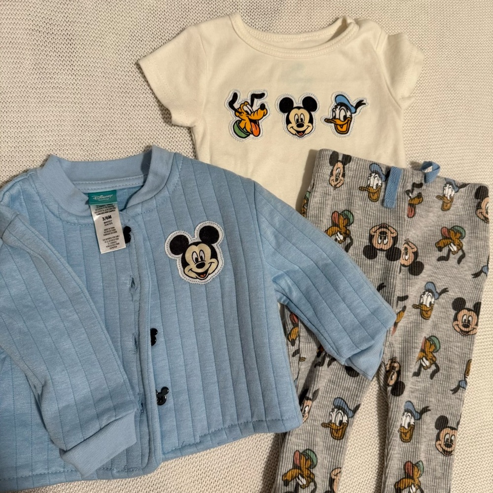 Disney Baby Blue, Cream & Gray Mickey 3-Piece Outfit Set